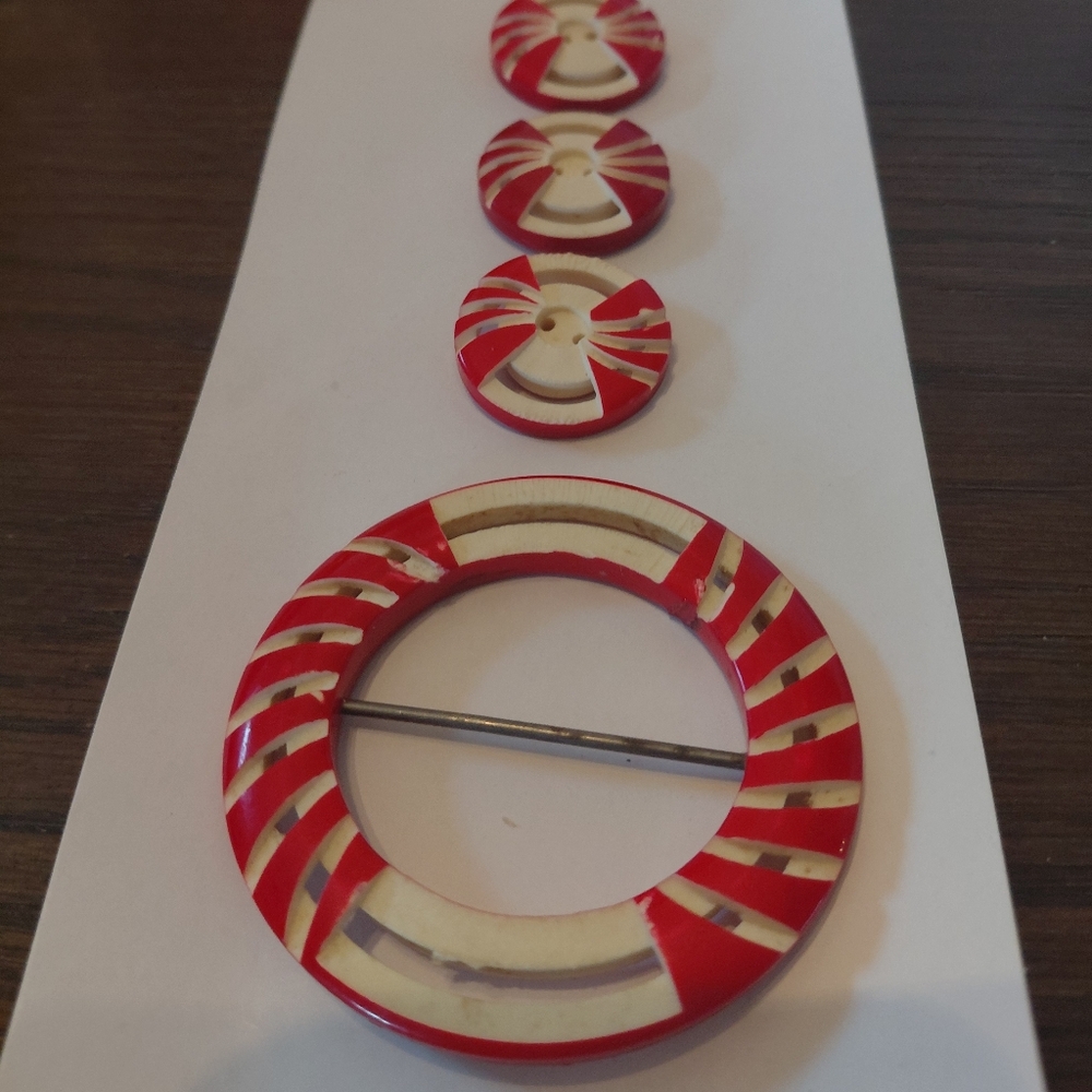 Vintage Red Button N Belt Buckle Set